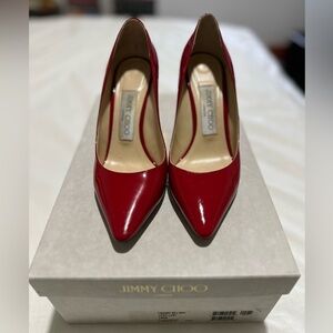 Jimmy Choo Romy 85 Red Patent Leather Pumps Heels W BOX AND DUSTBAG - Size 34.5